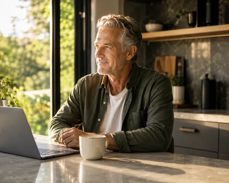 Man with laptop and coffee at modern kitchen island