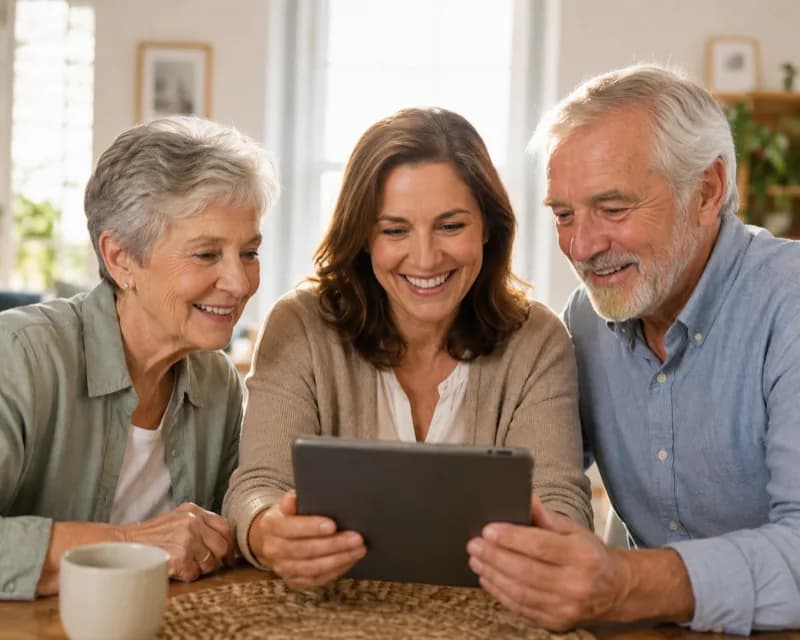 Adult daughter showing tablet to elderly parents